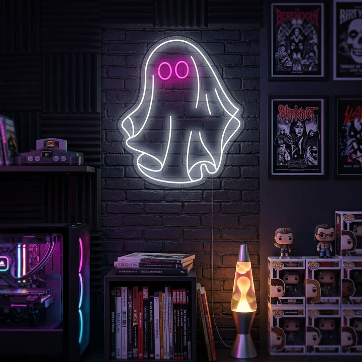 A cozy room with a glowing Ghost neon sign mounted on the wall.