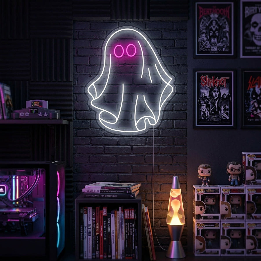 A cozy room with a glowing Ghost neon sign mounted on the wall.