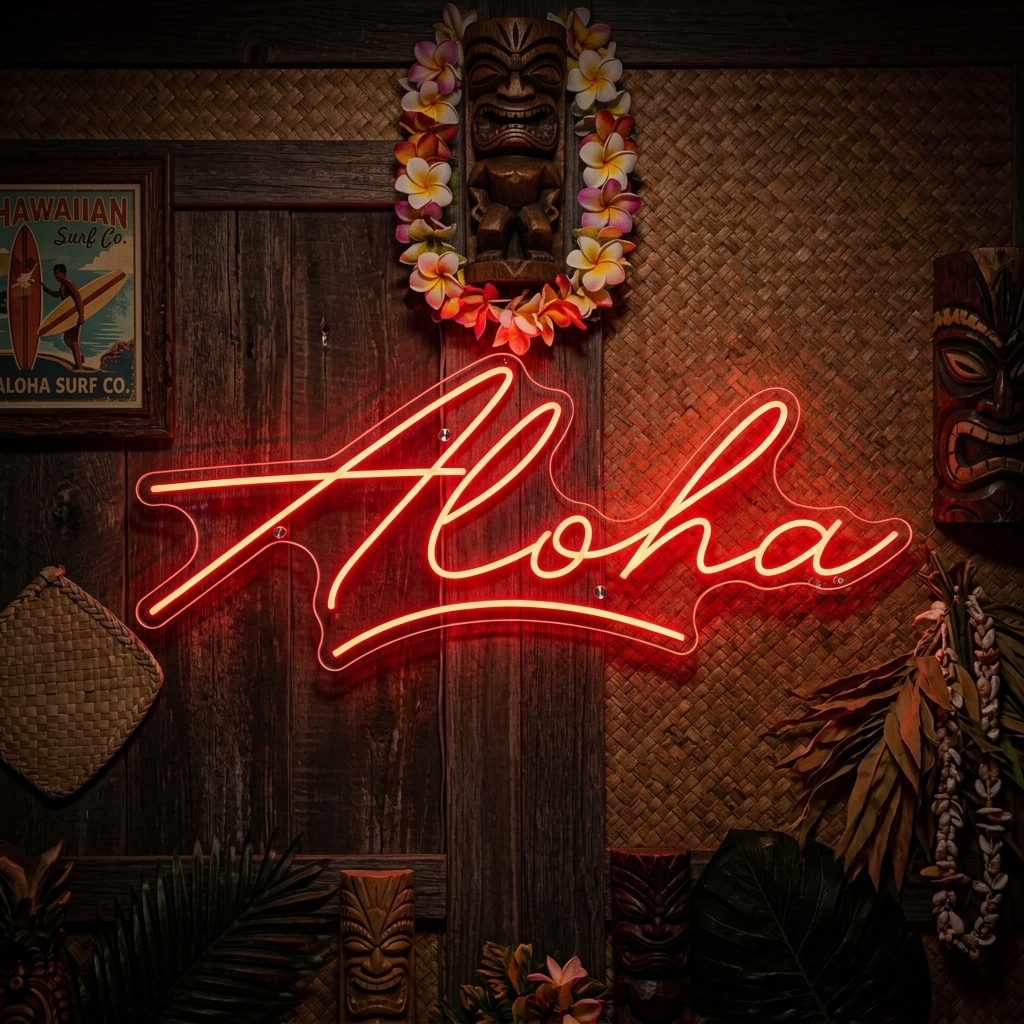 Aloha neon sign on a natural, tiki-inspired wall decor background.