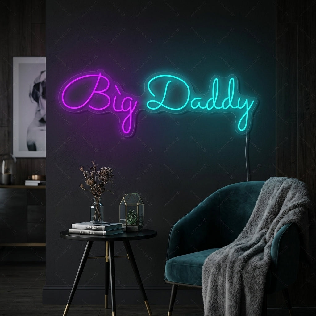 A glowing 'Big Daddy' neon sign mounted on a stylized brick wall in a bedroom setting.
