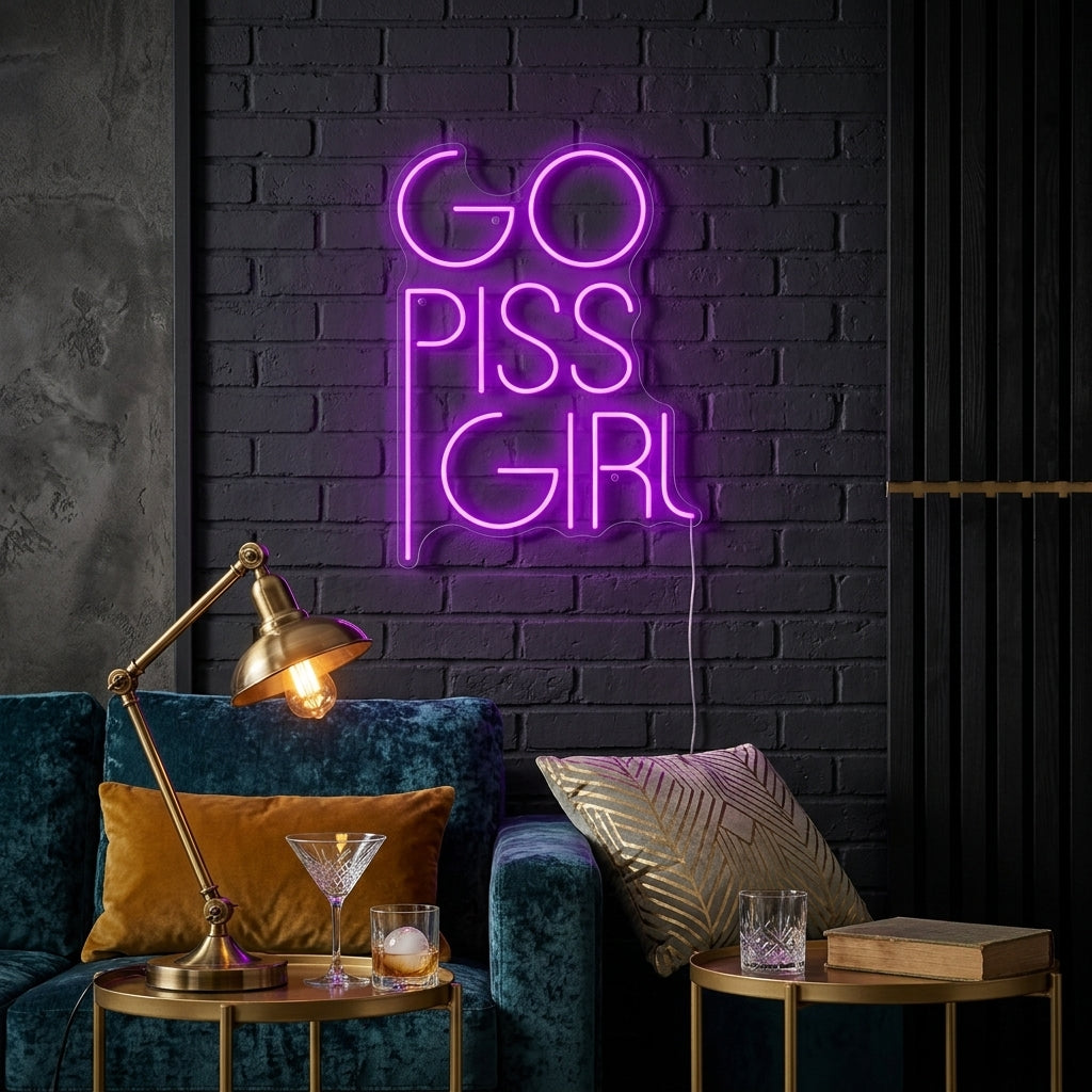 "Go Piss Girl" pink neon sign in a scripted font on an acrylic backing, mounted above a small plant on a shelf.