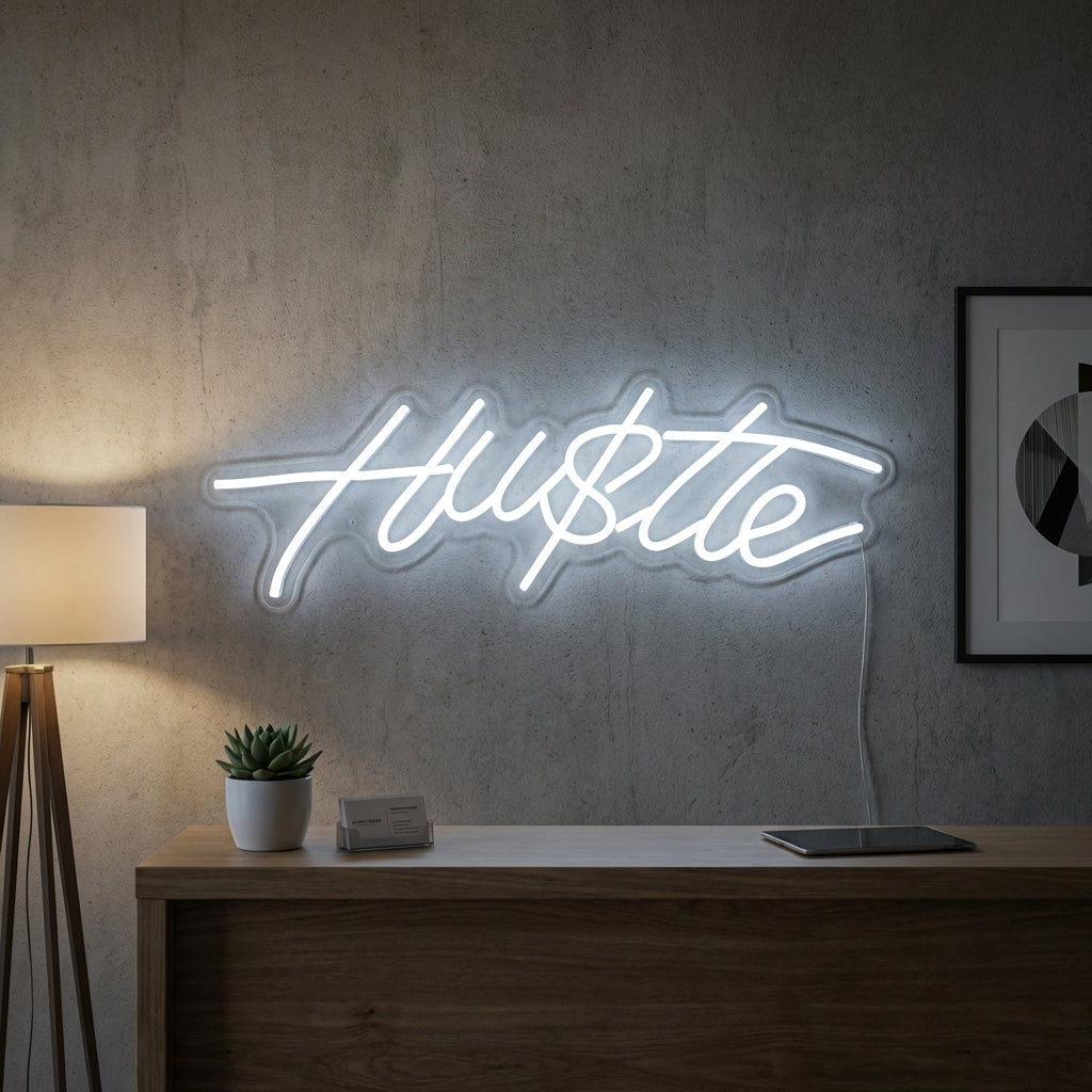 A glowing 'Hustle' neon sign in script font, mounted on a clear acrylic backing, casting a vibrant blue light against a brick wall. This motivational sign is perfect for inspiring ambition in an office or workspace.