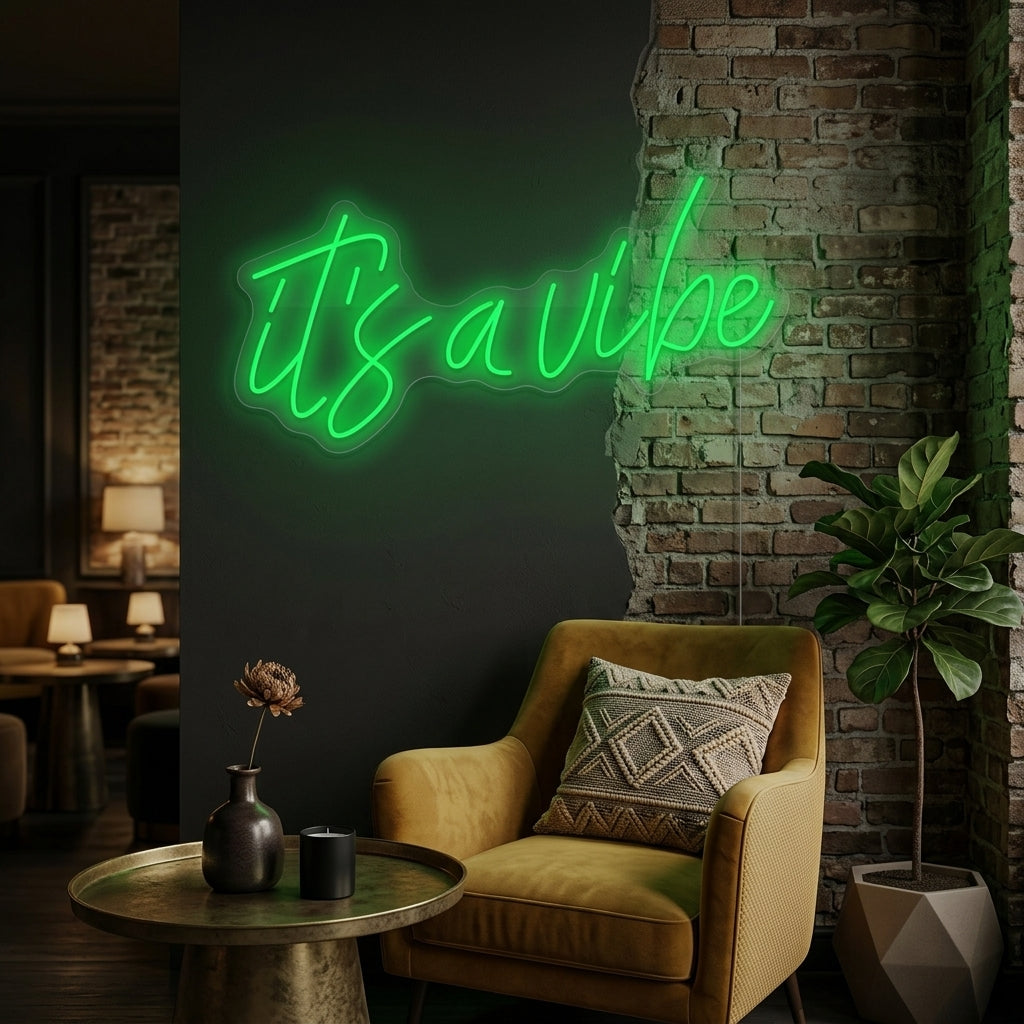 A glowing 'It's a Vibe' neon sign mounted on a textured brick wall in a modern living room setting.