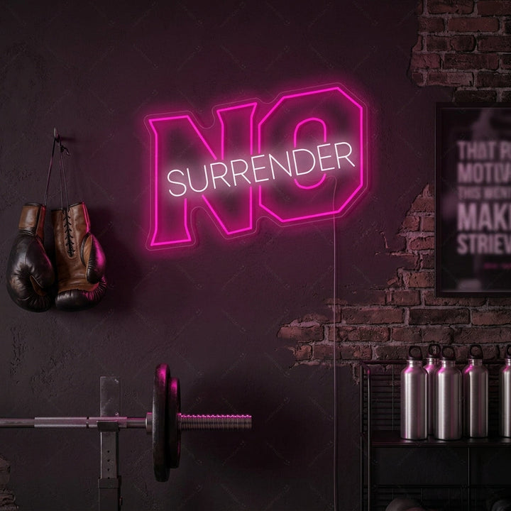 Motivational No Surrender neon sign displayed as a powerful focal point on a dark gym wall, inspiring determination in athletes and fitness enthusiasts.