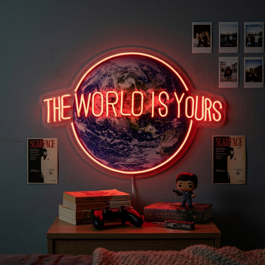 "The World Is Yours" glowing neon sign in an orange script font mounted above a shelf with books and a Funko Pop.