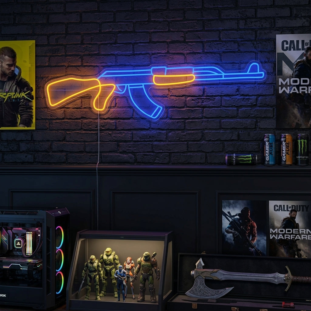 A lifestyle mockup showing the Ak47 neon sign glowing above a bar area in a dimly lit, contemporary room, creating a cool, edgy ambiance.