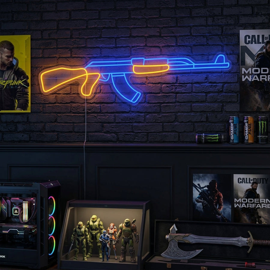 A lifestyle mockup showing the Ak47 neon sign glowing above a bar area in a dimly lit, contemporary room, creating a cool, edgy ambiance.
