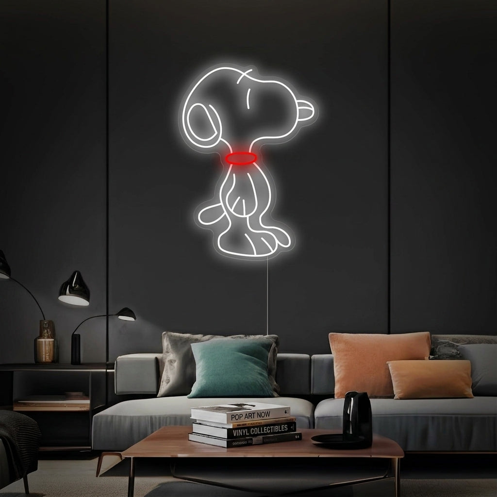 A vibrant 'Cartoon Dog' neon sign, styled after a cheerful Snoopy, hanging on a textured bedroom wall, casting a warm glow.