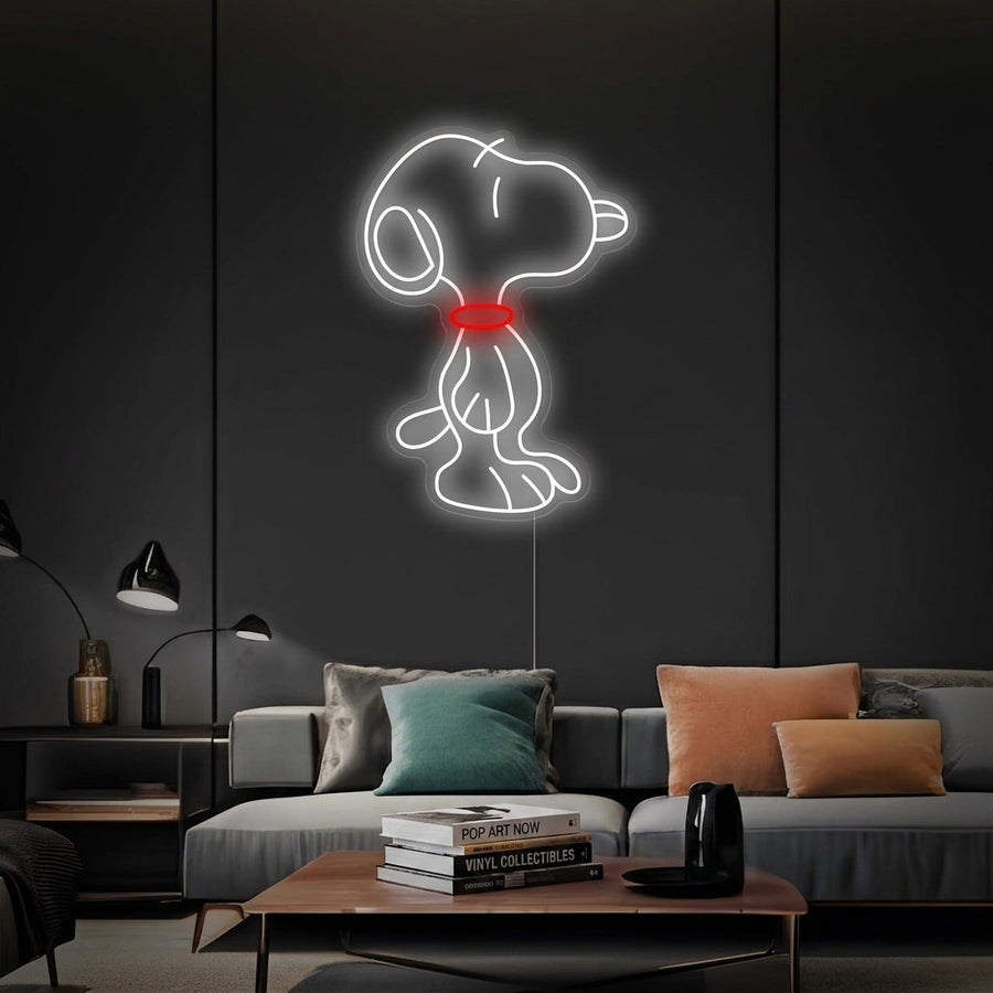 A vibrant 'Cartoon Dog' neon sign, styled after a cheerful Snoopy, hanging on a textured bedroom wall, casting a warm glow.