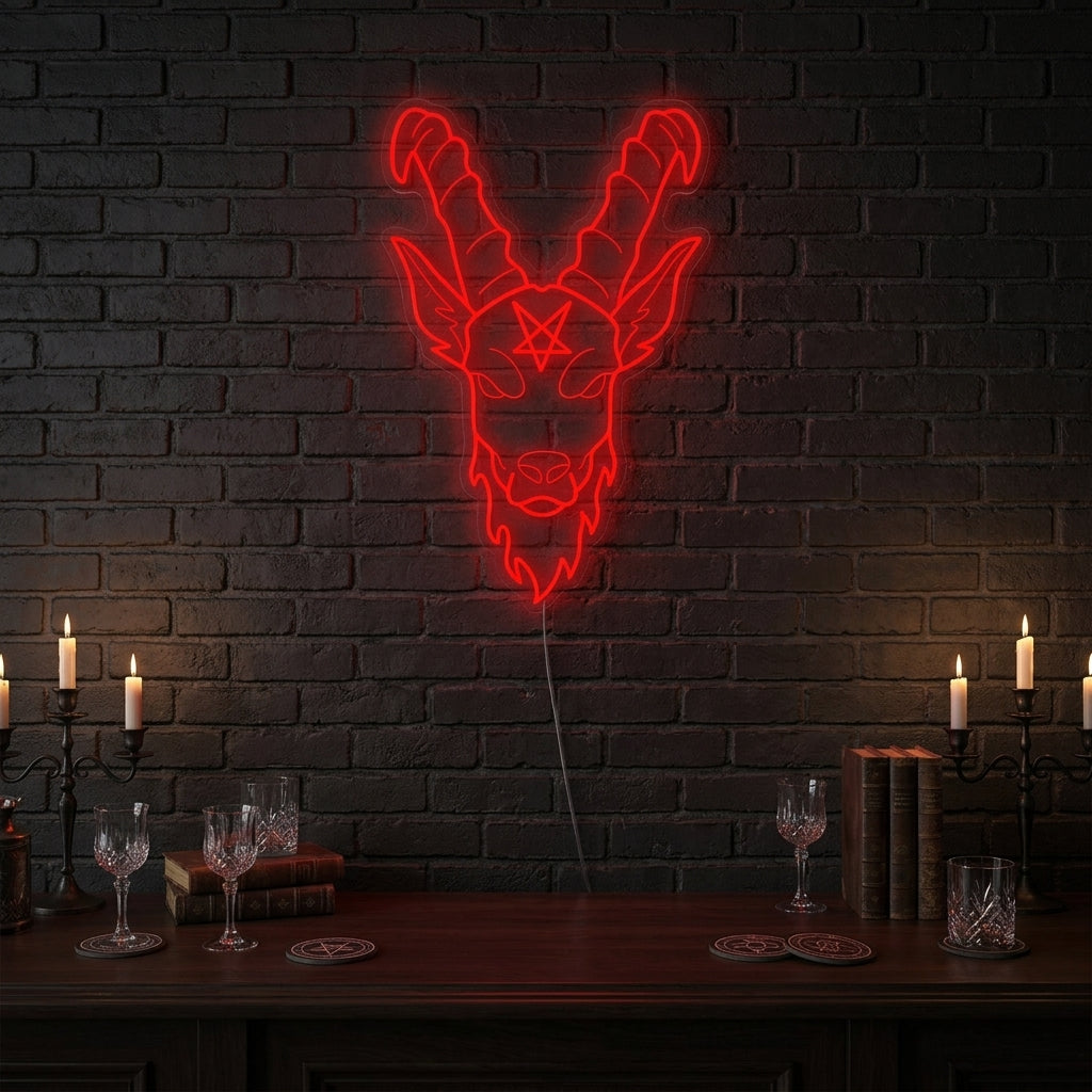 Baphomet Gothic neon sign glowing in a dark, atmospheric room.