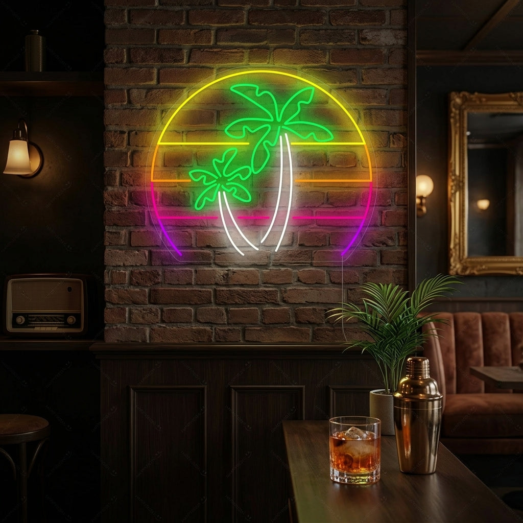 Palm Tree Vaporwave neon sign glowing on a beach at night