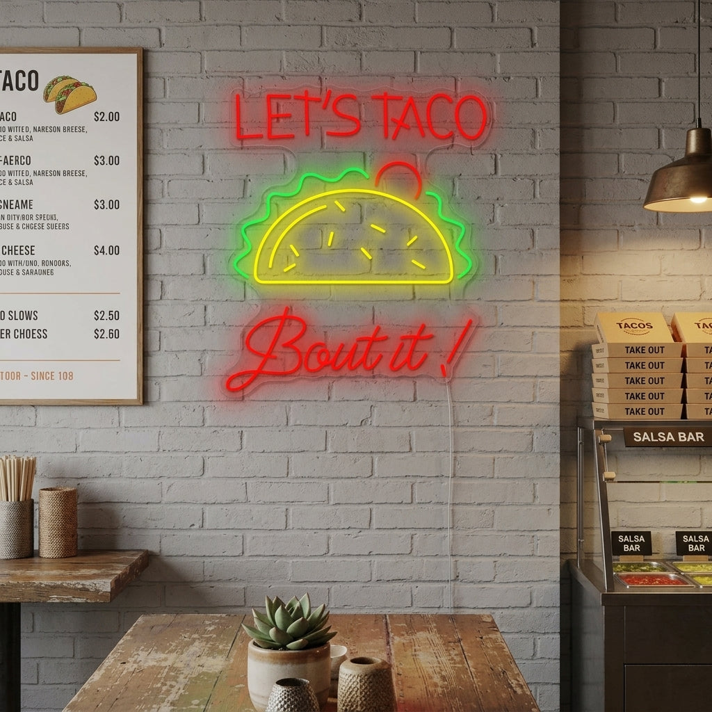 A vibrant 'Let's Taco Bout It' neon sign glowing in a lively bar setting, promoting taco night.