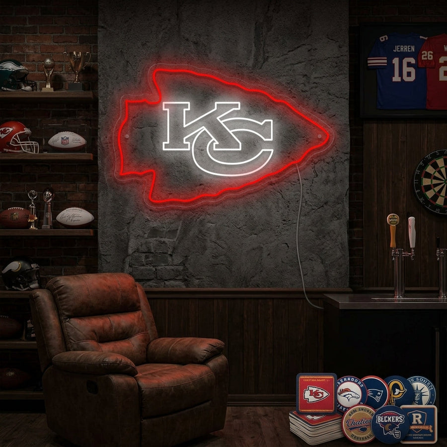 A stunning visual representation of the KC Chiefs neon sign glowing vibrant red on a textured wall in a modern living space.
