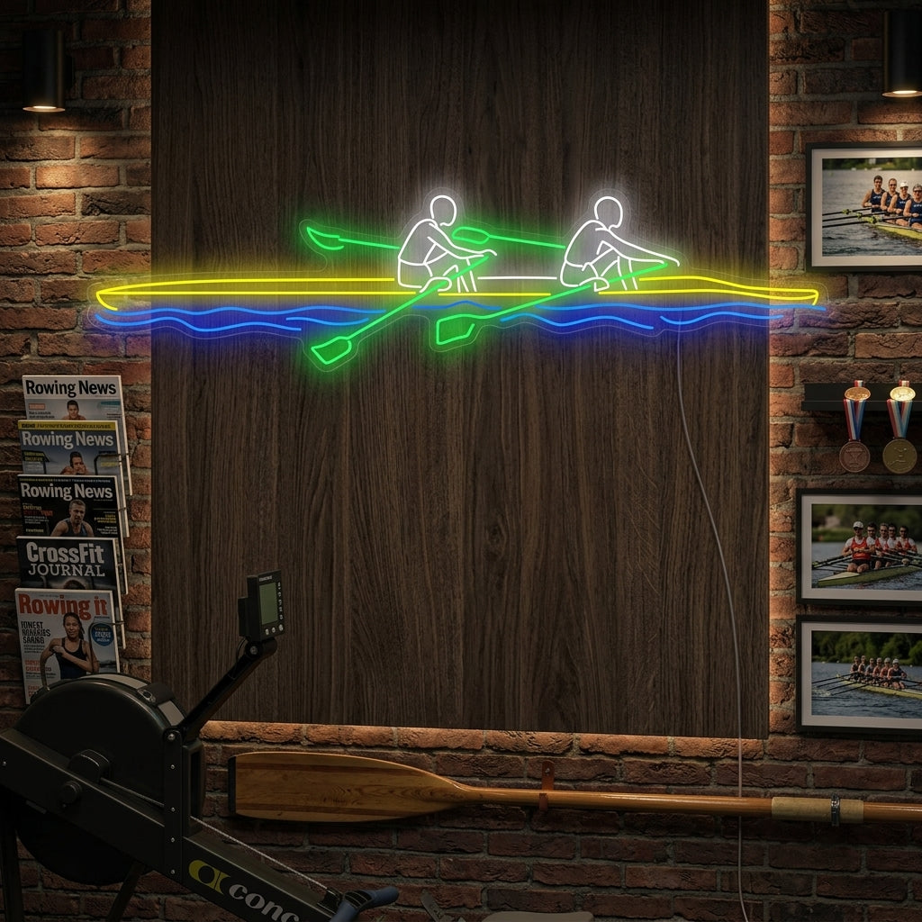 Rowing Boat Neon Sign hanging in a living room
