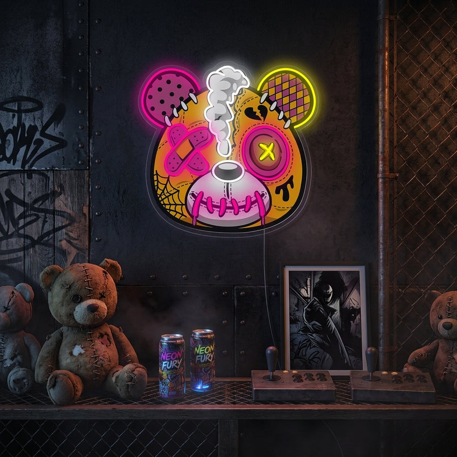Mockup of a glowing Zombie Teddy Bear neon sign on a dark, textured bedroom wall.
