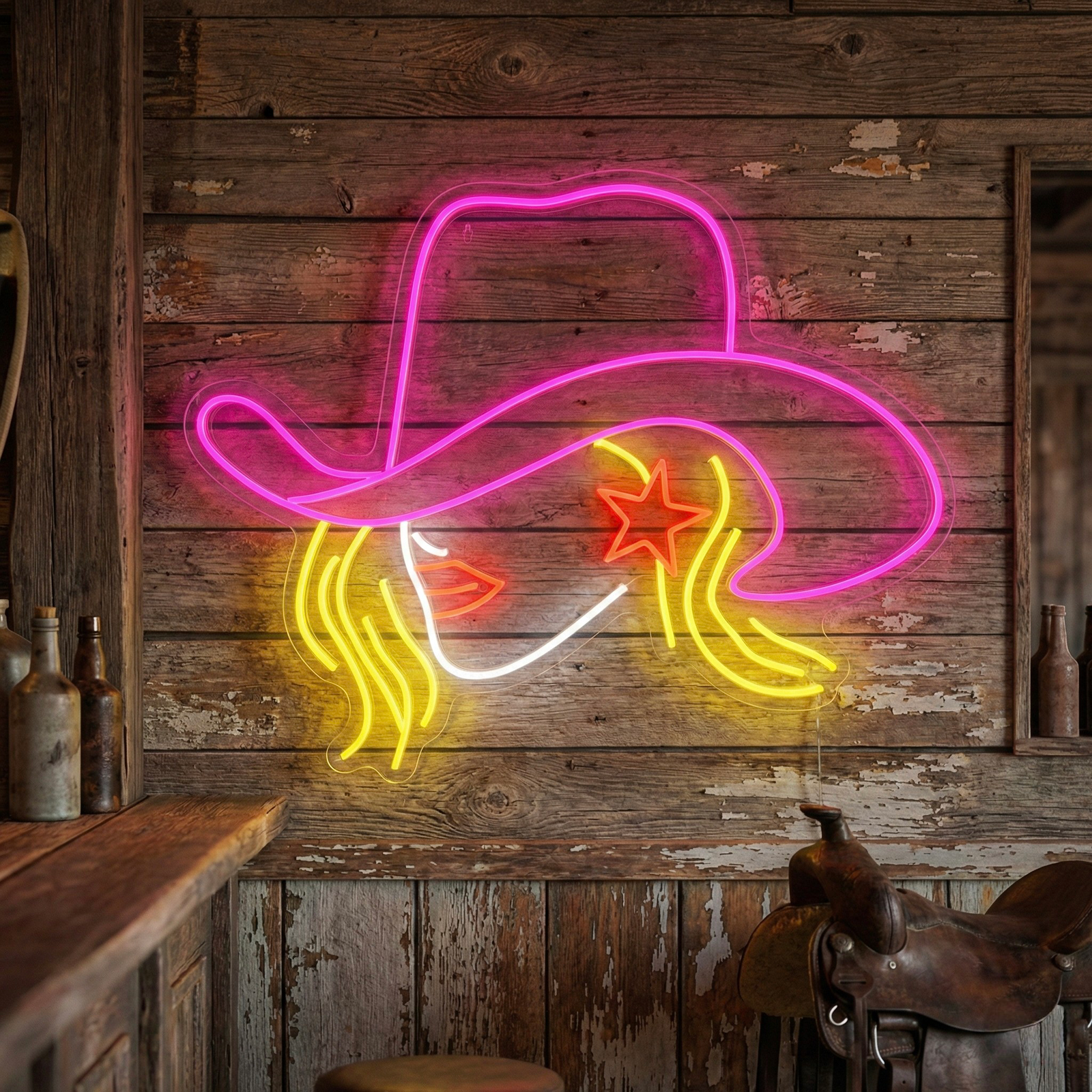 A vibrant 'Cowgirl' neon sign glows on a textured wall, positioned alongside a decorative Western saddle and a collection of stylized bottles.
