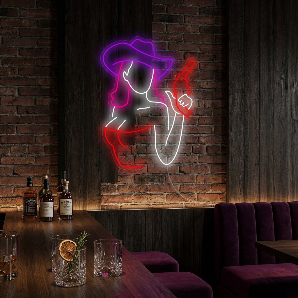 A 'Cowgirl Gun' neon sign illuminated on a rustic wooden wall, creating a cozy and adventurous atmosphere.