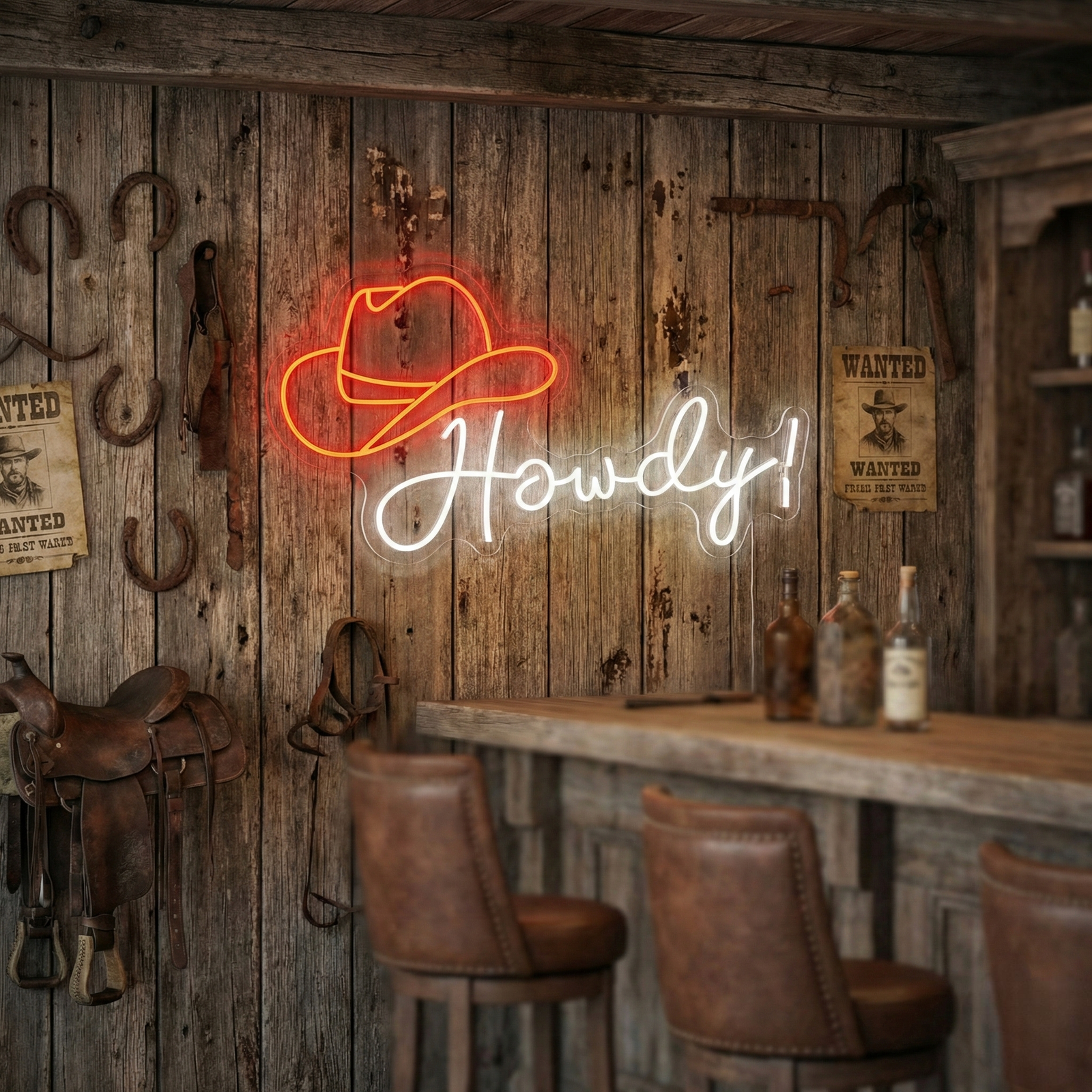 A vibrant 'Howdy' neon sign glowing red in a Western-style bar.