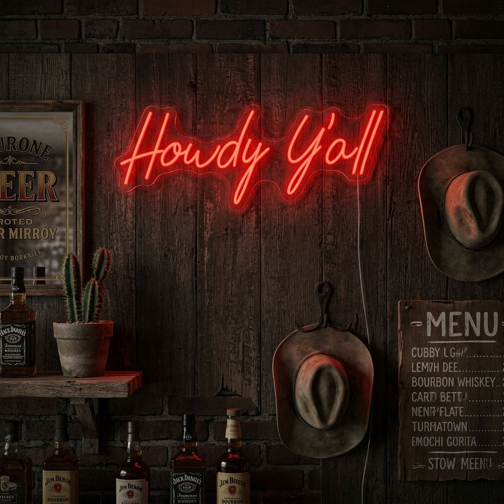 A lifestyle mockup showing the glowing yellow 'Howdy Y'all' neon sign styled on a textured wooden wall above a console table with western-themed decor.