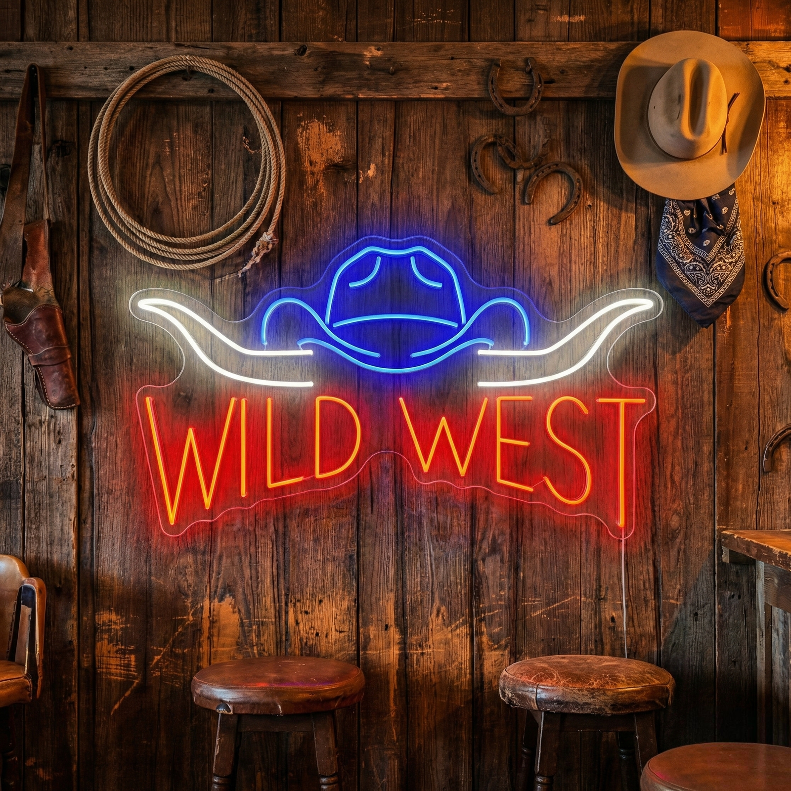A bright, glowing neon sign displaying 'Wild West' in a decorative, vintage script. The sign is mounted in a rustic room setting, surrounded by Western-themed elements like an old lamp, a wooden barrel, and antique items.