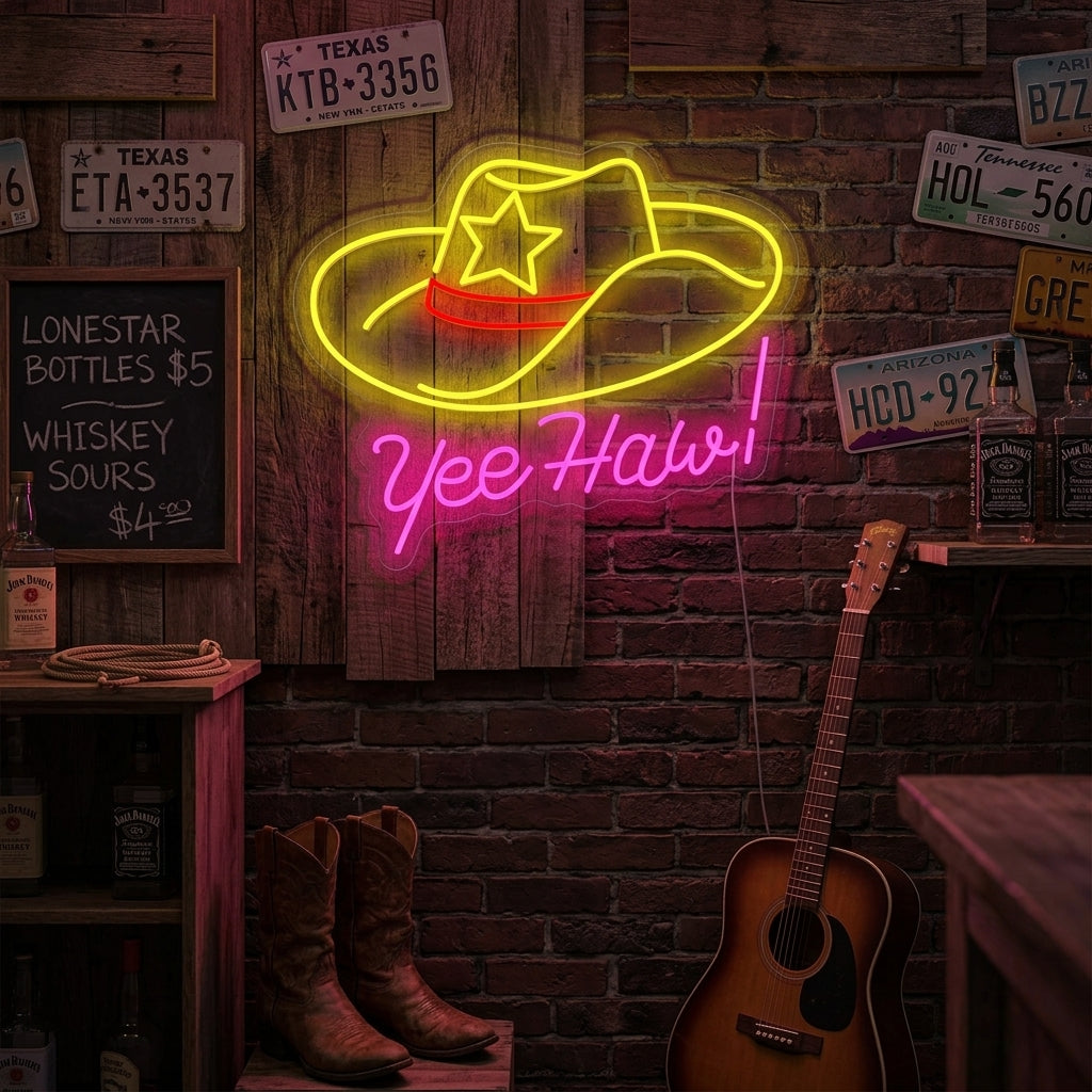 A vibrant 'Yeehaw' neon sign glowing brightly on a wall in a stylish room, featuring a table with drinks and a blurred background.