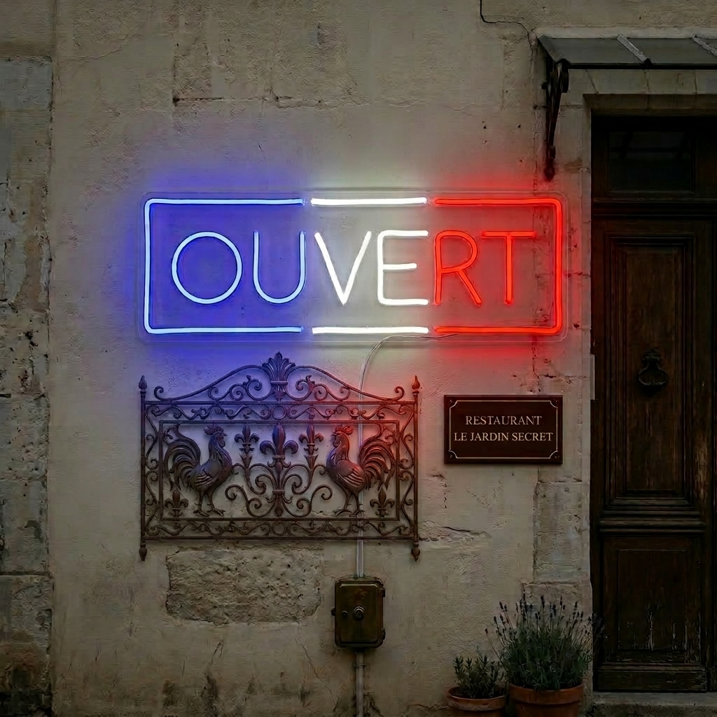 A graphic design mockup of a luminous pink 'Ouvert' neon sign featuring a clean, modern cursive script, pasted flat onto a textured brick wall within a stylish, European-style storefront setting.