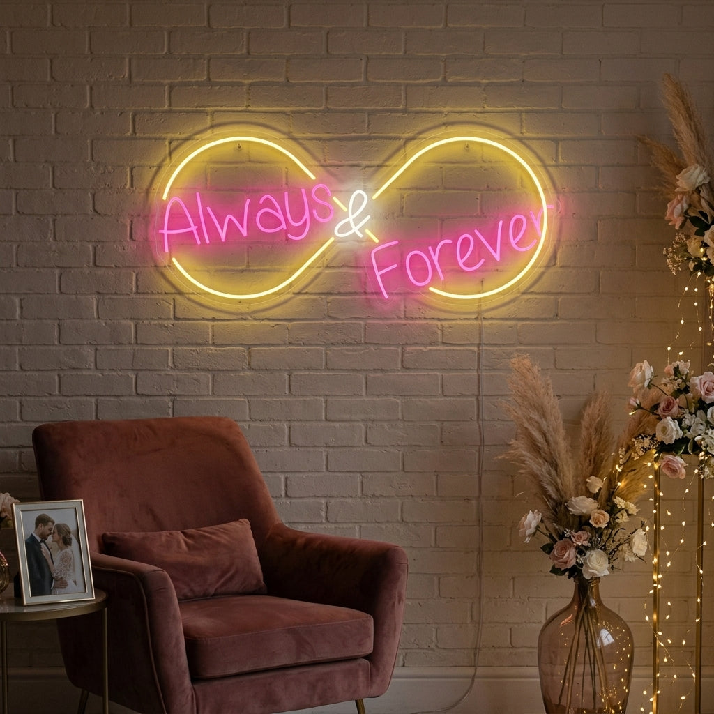 A stylish 'Always and Forever' neon sign glowing warmly above a decorated table in a modern room setting.