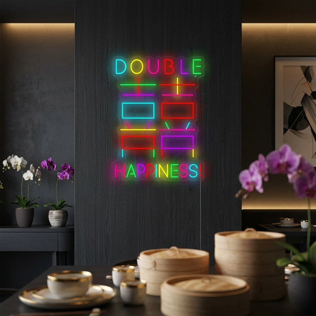 A lit red Double Happiness neon sign with a traditional graphic symbol on a modern white living room wall, styled for a wedding or home decor.