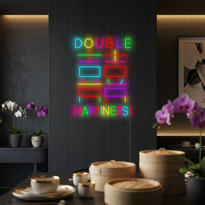 A lit red Double Happiness neon sign with a traditional graphic symbol on a modern white living room wall, styled for a wedding or home decor.