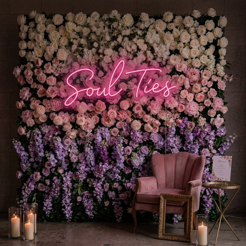 Modern Soul Ties script neon sign glowing with warm white light, displayed against a backdrop of a beautifully decorated, pastel floral archway at a wedding venue or home decor setup.