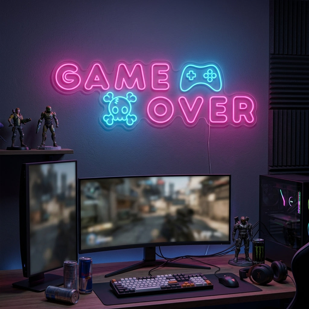 Game Over neon sign in red pixel font on a dark wall above a gaming desk.