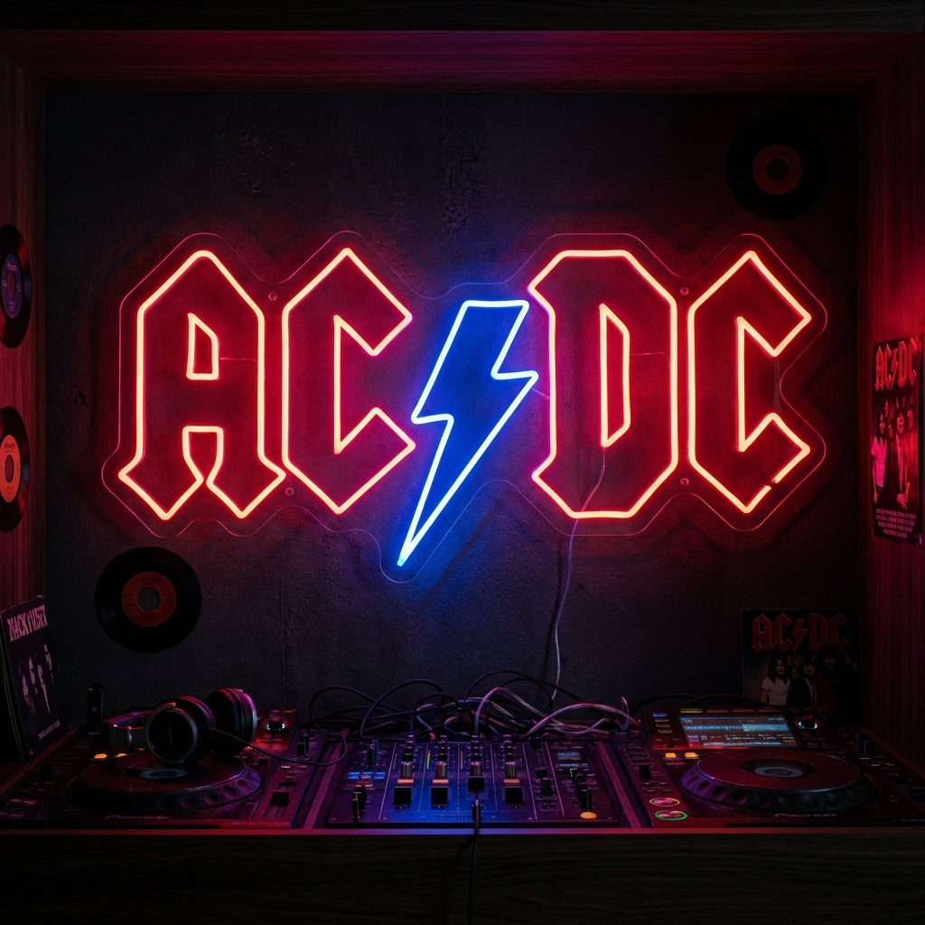 Vibrant ACDC neon sign featuring the iconic lightning bolt logo glowing on a textured wall.