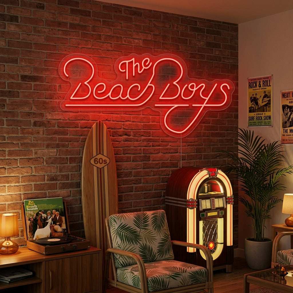 A lifestyle setting showing the glowing 'Beach Boys' neon sign mounted on a textured wall, complementing a surfboard and vintage records.