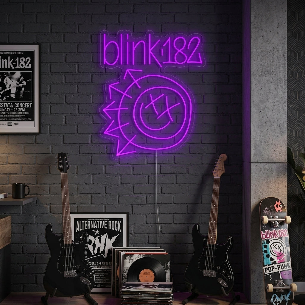 A Blink-182 neon sign, handcrafted, lighting up a modern room.