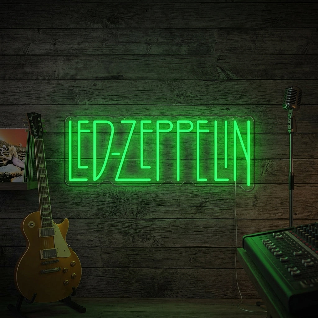 Handmade glowing 'LED Zeppelin' neon sign mounted on a clean white wall in a modern living space.