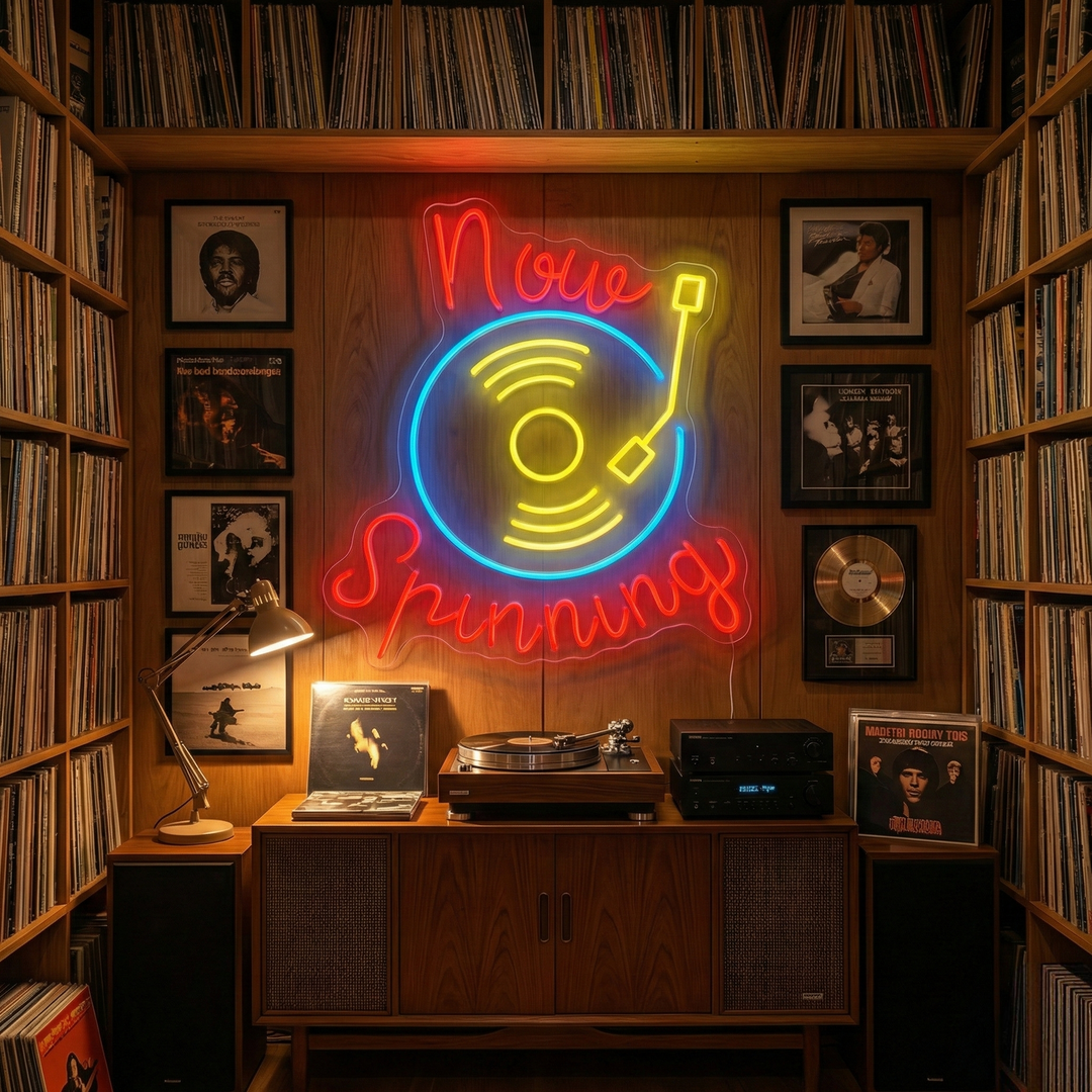 A vibrant 'Now Spinning' neon sign glowing red on a wooden wall above a vinyl record display and turntable