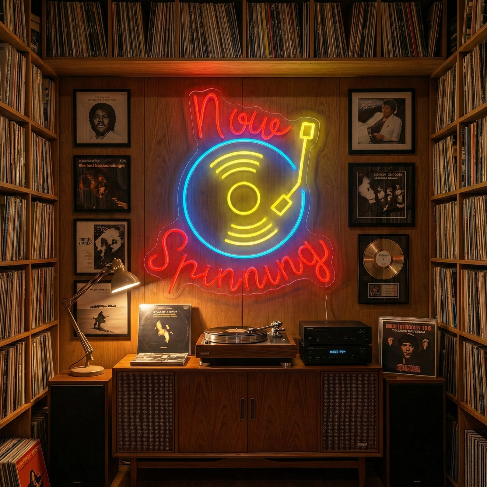 A vibrant 'Now Spinning' neon sign glowing red on a wooden wall above a vinyl record display and turntable