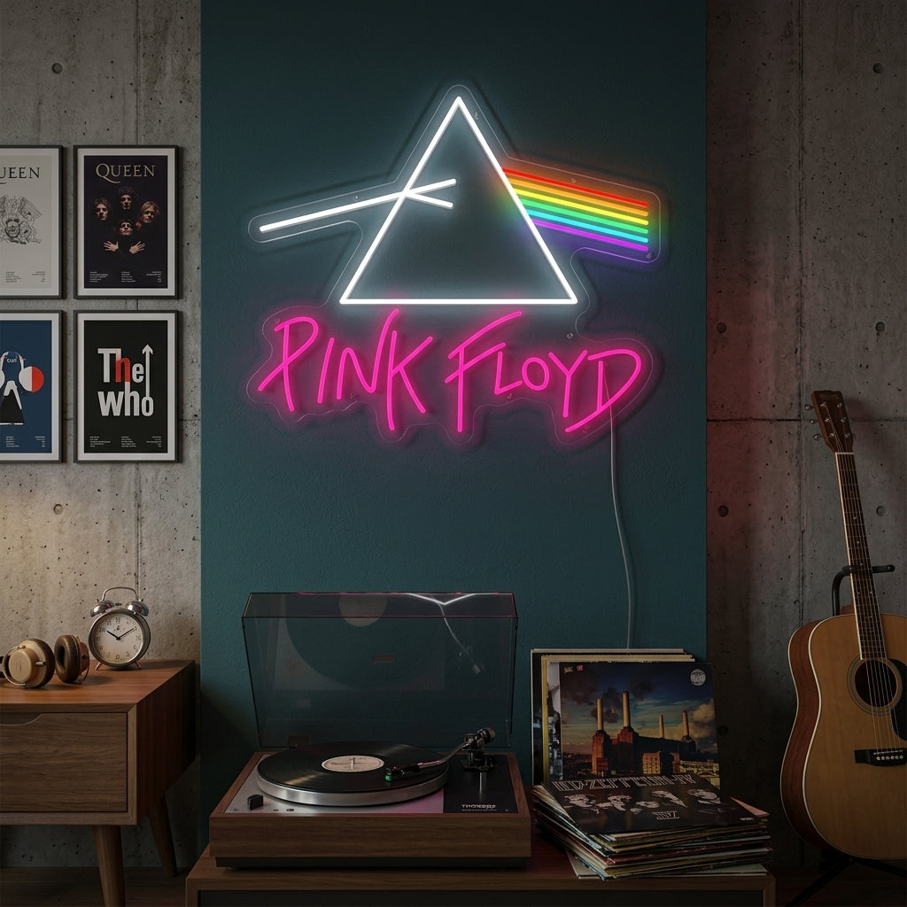 A stunning pink Pink Floyd neon sign adds a warm glow to a stylish bedroom wall