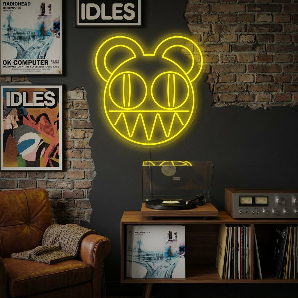 A glowing Radiohead neon sign displayed on a dark brick wall in a modern living room setting.