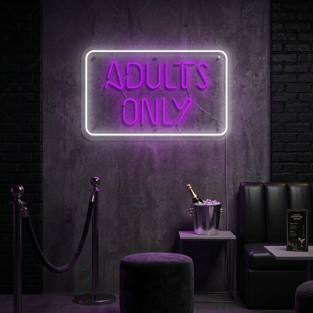Lifestyle mockup showing the glowing 'Adult Only' neon sign displayed on a wall within a dimly lit bar setting.