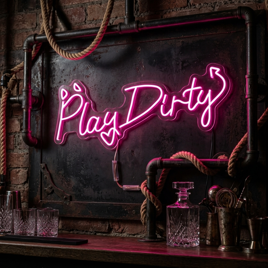 Close up view of pink Play Dirty neon sign glowing in a dark, slightly grunge-style bar