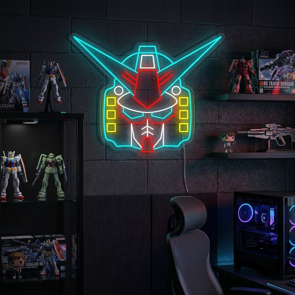 Gundam robot neon wall sign mockup illuminating a modern bedroom interior with a warm blue glow.