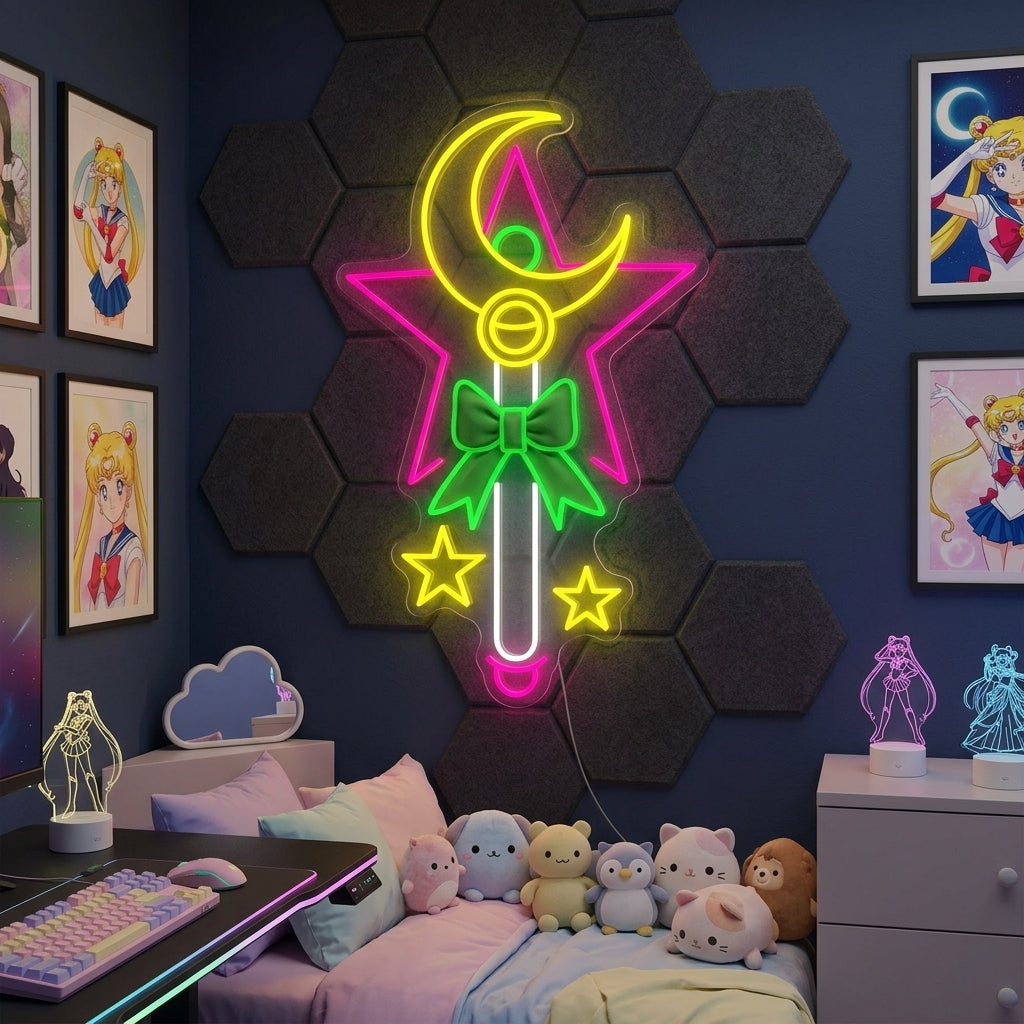 A whimsical pink and blue 'Magic Stick' neon sign shaped like an anime transformation wand, glowing brightly against a dark, texture background as wall decor.