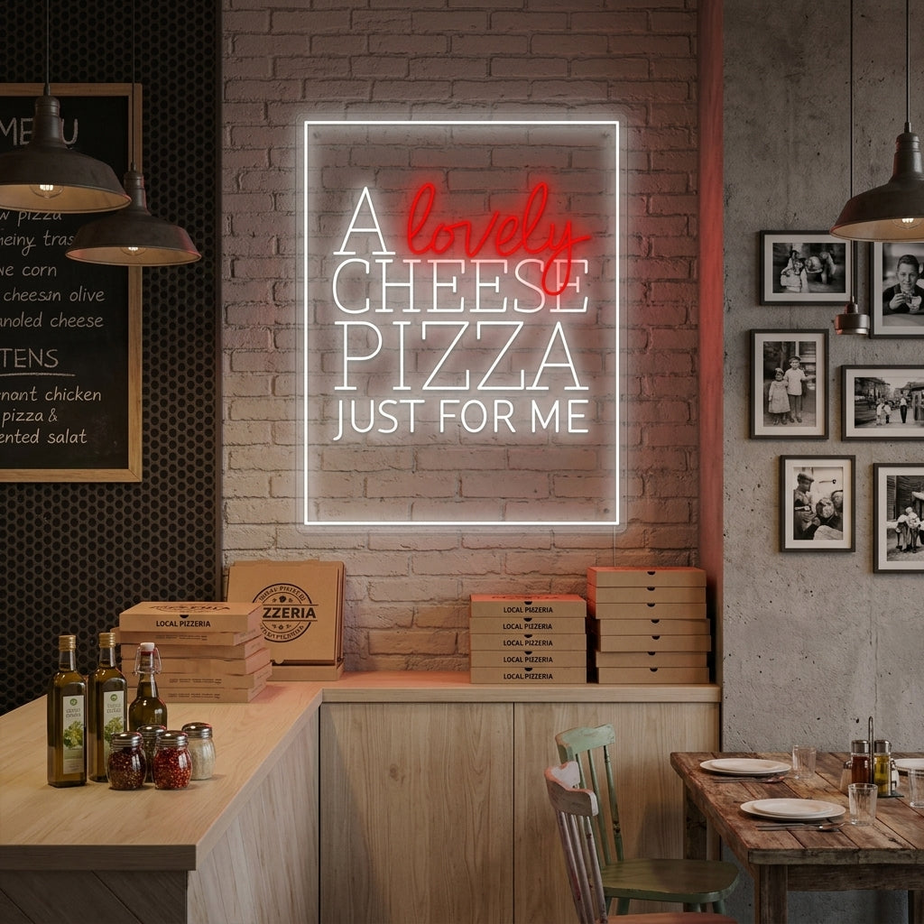 A vibrant neon sign with the glowing text "A Lovely Cheese Pizza Just for Me" mounted on a living room wall, creating a nostalgic ambiance for a cozy evening.