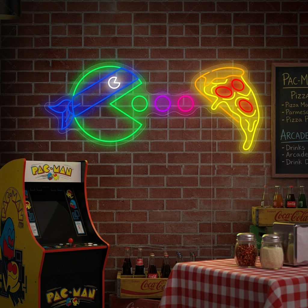 A lifestyle mockup showing the glowing 'Eat Pizza' neon sign on a cozy kitchen wall above a wooden table with a fresh pizza.