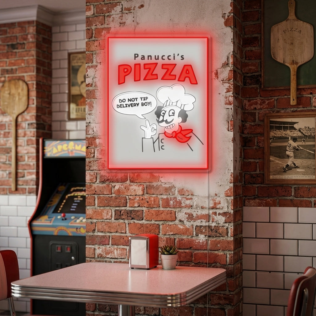 Panucci's Pizza neon sign displayed in a cozy, retro-themed apartment kitchen.