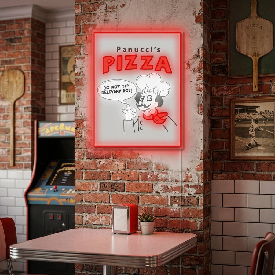 Panucci's Pizza neon sign displayed in a cozy, retro-themed apartment kitchen.
