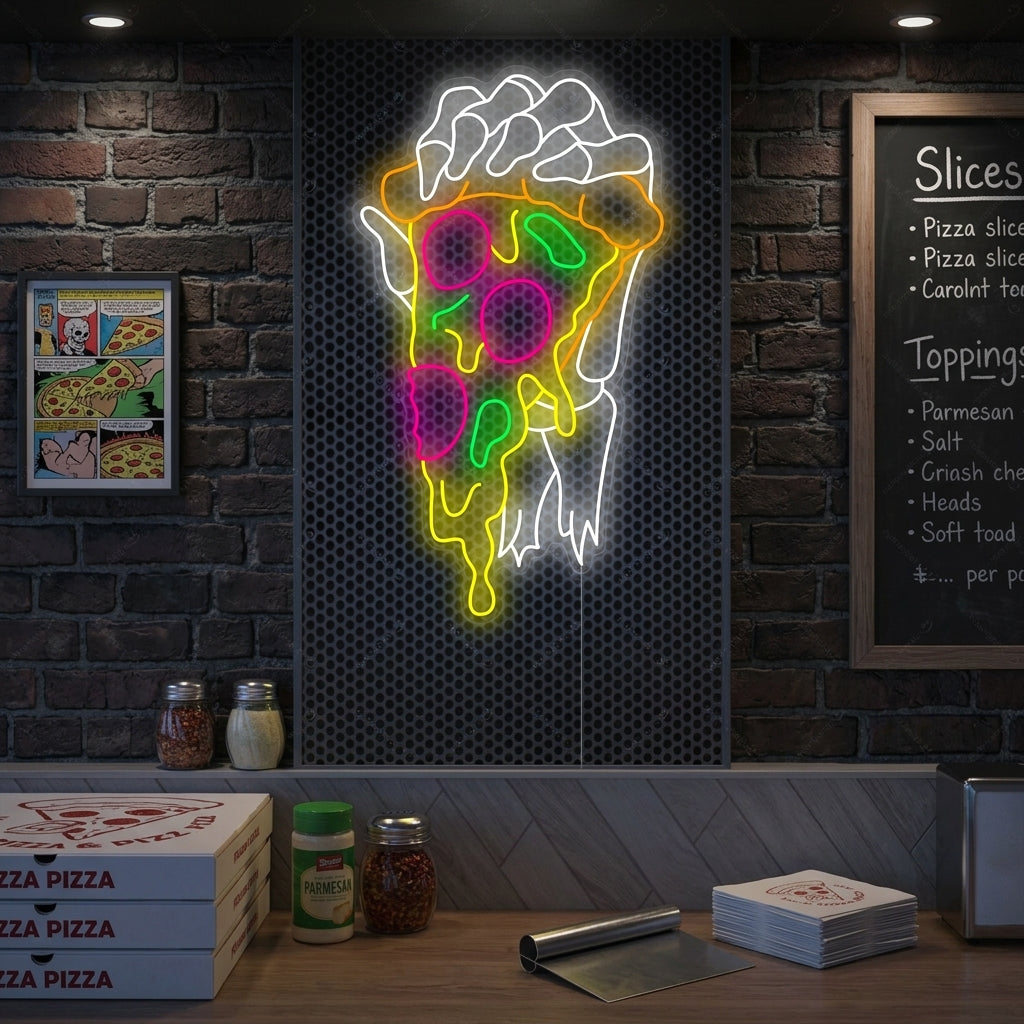 A neon sign showing a skeletal hand holding a pizza slice on a restaurant wall.