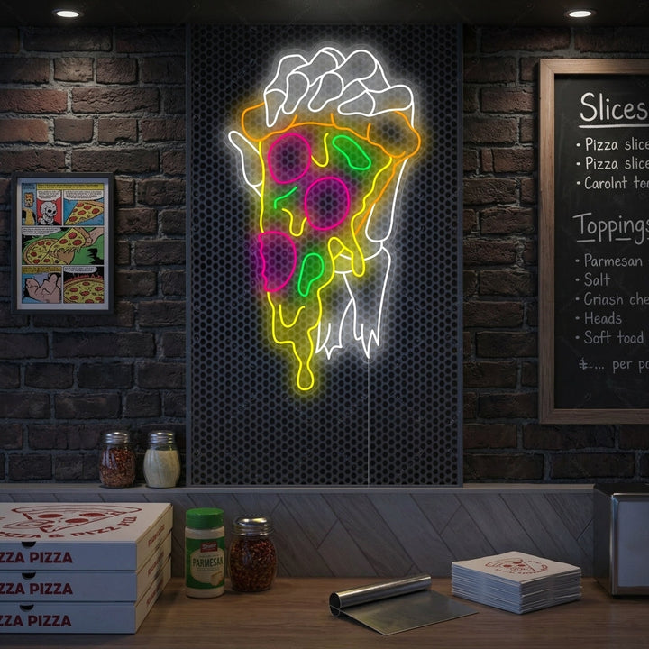 A neon sign showing a skeletal hand holding a pizza slice on a restaurant wall.