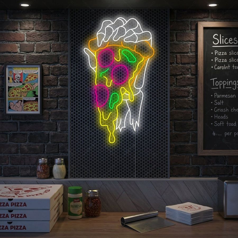 A neon sign showing a skeletal hand holding a pizza slice on a restaurant wall.